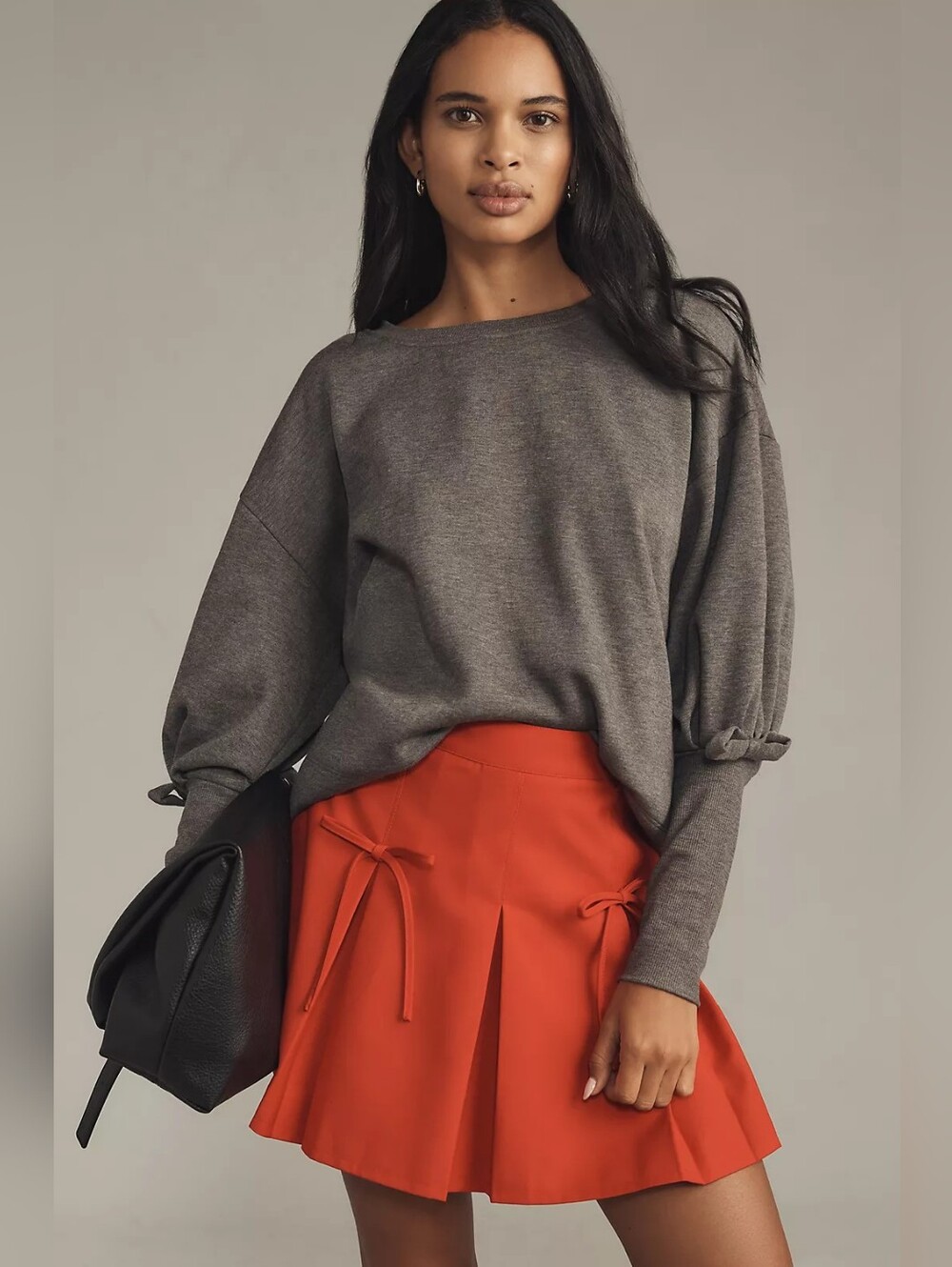 Maeve Puff-Sleeve Sweater Gray Grey Bow Long Sleeve Comfy Knit Oversized Size XS